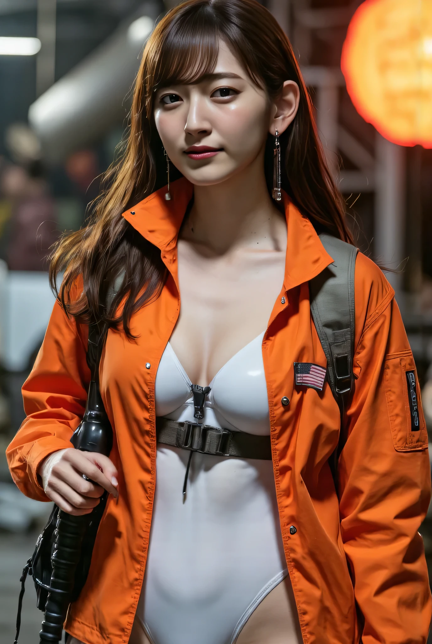 (((Above Mars with a red rock face:2.0))),((Mars base can be seen in the distance:2.0)),(((HR gigger style cyberpunk atmosphere:2.0))),(((Set up a giant cyberpunk-like rocket launcher:2.0))),one woman,(cute face:1.5),(Beautiful well-balanced face :1.5),(wavy dark hair:1.5),(Beautiful Eyes:1.3),glamorous shot of a 20-year-old Japanese woman,beautiful slender body,((model body shape:2.0)),((slim body:1.7)),Perfect body lines,ideal proportions,((Big breasts:2.0)),((スリーサイズ90-58-86:3.0)),((F cup breasts:1.5)),big ,Bare thighs,Sensual Thighs,delicate body,(Glutinous meat:1.7),Harmonious posture,((Realistic breast depiction :1.7)),carefully depicting limbs based on perfect anatomy,((NASA astronaut style super high-leg leotard with harness:2.0)),((White spacesuit-style super high-leg leotard:2.0)),((orange spacesuit-style jacket with an open front over a leotard:2.0)),((Tactical Holster:1.5)),(Gloves:1.3),((((Coarse mesh fishnet stockings:2.0)))),concept art,(Highest Quality:1.5),(masterpiece:1.5),(超高Resolution),Resolution,UHD,(delicate depiction),carefully drawn,32k,((realistic skin texture:1.5)),(((super realistic:1.5))),carefully drawn eyelashes,Highly Detailed Faces,highly detailed female hands, Sexy appearance ,very sensual,(Blurry, dim background:1.5),PROFESSIONAL PHOTOGRAPHY,(Movie Lights:2.0),((Blade Runner style lighting:2.0))