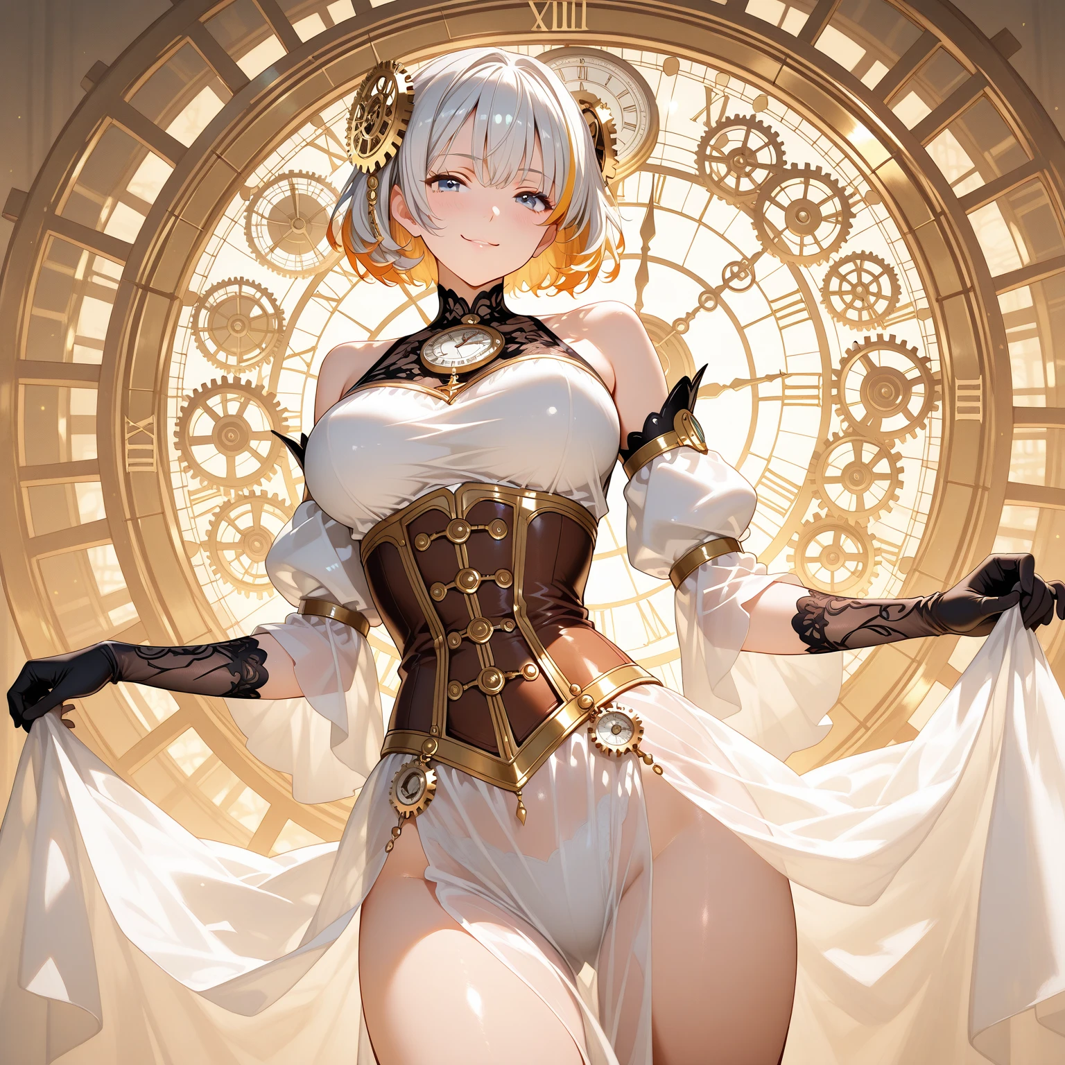 (masterpiece )), (top quality), (best quality), ((ultra-detailed, 8k quality)), Aesthetics, Cinematic lighting, (detailed line art), Beautiful digital artwork, Exquisite digital illustration, absurdres,
BREAK,
Dark Elf Woman in steampunk costume taking photo, wearing steampunk attire, steampunk fantasy style, ((Steampunk)), (glasses), deep_cleavage, shiny skin,(steampunk_costume), corset, Hat, skirt, corset, thighhighs, boots, thigh boots, cinematography, crafted, elegant, photography, Dynamic angle, Set in a steampunk world,
BREAK,
highly detailed of (dark elf), (1girl), perfect face, details eye, Bob cut hair, Blunt bangs, (hair between eye), blonde white hair, (violet eyes), eyelashes, eyeshadow, pink eyeshadow, glaring, smile, design art by Artgerm, by Kawacy, By Yoshitaka Amano,
BREAK,
((perfect anatomy)), nice body, medium breast, (extremely detailed finger), best hands, perfect face, beautiful face, beautiful eyes, perfect eyes, perfect fingers, correct anatomy, ((dark skin)),