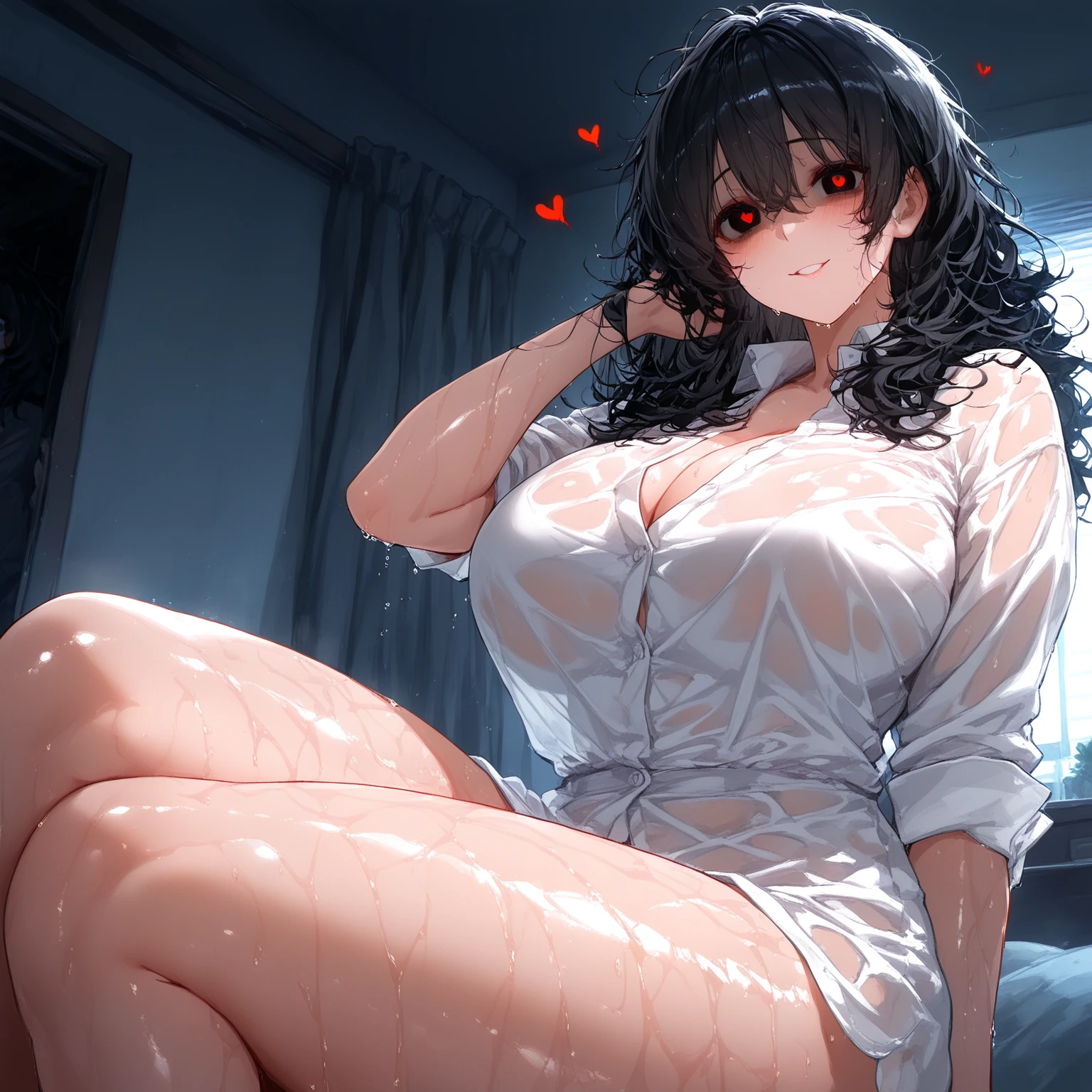 8K, detailed, anime, masterpiece, high quality, highres, best quality, highres, 1girl, disheveled hair, illustration, focus on face, simple background, long hair, socks, black hair, hair between eyes, calm, dress shirt, long bangs, tied hair, braided hair, narrow eyes, ribbons in hair, crimson red eyes, large breasts, breasts, perfect face, perfect legs, no pants, full lips, add_detail:-3
