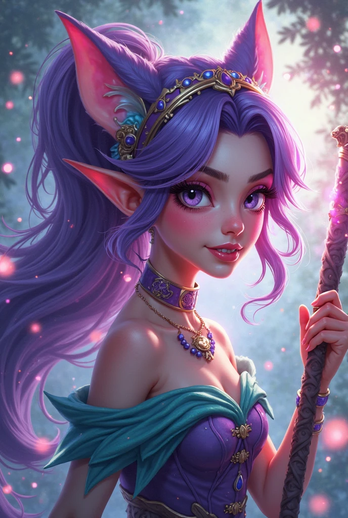 Purple hair and golden eyes elf Princess with a magic staff wand producing purple smoke and make it look like a anime character 2d