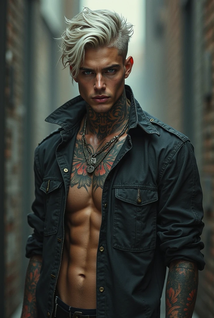 18 year old American boy, has slightly wavy blonde hair with a medium undercut cut, Western facial features, He has a strong body and tattoos on his arms, wears an open, sleeveless hoodie 