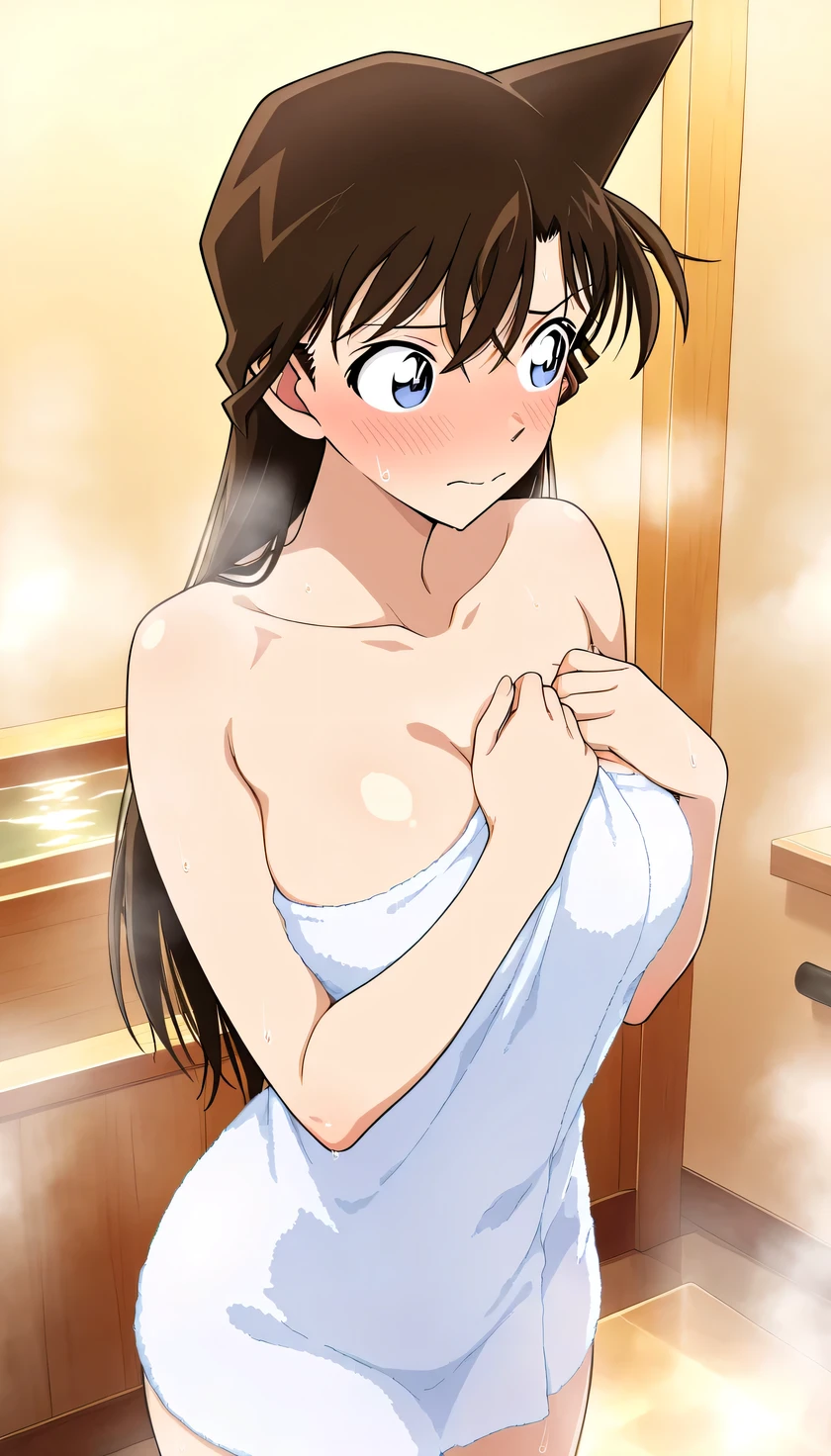 masterpiece,Highest Quality,{{beautiful faces and eyes with great attention to detail}}, Highly Detailed Background,
Mouri Ran,long hair,brown hair,light blue eyes,medium breasts,from the tip of my head,
((naked towel)),Disconnect,Porori,
solo,1girl,(embarrassed,blush,closed mouth,Steam:1.0),
((from under the womb,Embrace your chest:1.2)),
(spa background:1.0),nsfw