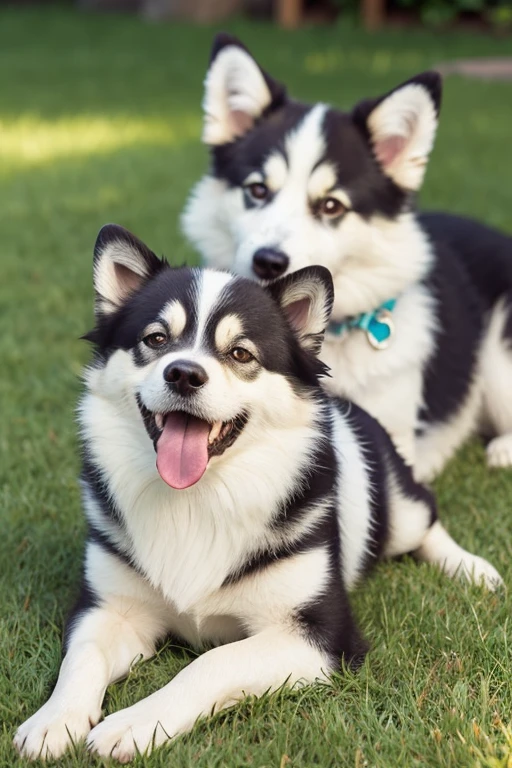 Hyper Quality,Cute two Siberian Husky puppies,different body colors,swimming in the pool,barking,narrow eyes,smile,eos r3 28mm