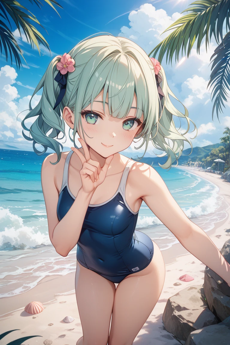 best quality, masterpiece, ultra high res, (photorealistic:1.4), RAW photo, Intricate details, ((Perfect Anatomy)), Big beautiful eyes, Perfect contours, masterpiece, One girl, ((child)), Shortcuts, Medium chest, Olympic Swimmer, (one piece, turtleneck,No sleeve), Transparent and clear metallic green swimsuit, tight high leg swimsuit, ((Shooting from below, looking up:1.2)), Portrait, (Bust close-up), View your viewers, Outdoor swimming pool, Partially submerged, Wet Skin, Quiet Smile, Closed Mouth, (armpit)