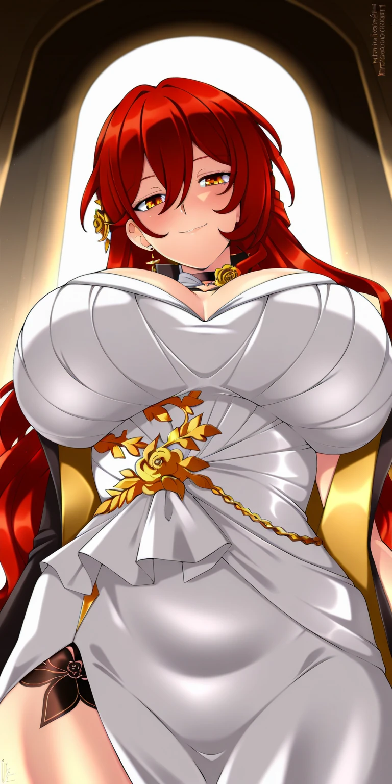 RanmaChan, cabello rojo, Cabello con trenza, ojos azules, ojos detallados, cuerpo completo, lindosexyrobutts, blusa negra apretada, top corto negro, ombligo descubierto, ropa pegada al cuerpo, Tanga sexy, medias sexys, 【Costume】【Cosplay】White Dress of Albedo (Overlord), tanga blanca, escote grande