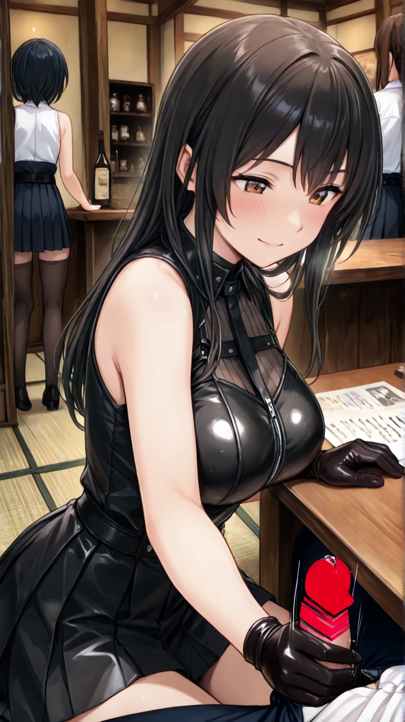(from above:1.2),(from side:0.9), ((Face)), (Close-Up:0.4), masterpiece,"A 26-year-old girl stands at a bar counter. She is dressed in a stylish off-shoulder dress, sweater dress, off-shoulder sweater, red sweater,garter stocking, midriff, red skirts, black thighhighs, thigh strap, pretty girl, (highly detailed beautiful face and eyes,firm breasts),real skin,((black,hair,long pony tail hair)),thin pubic hair,cute and lovely pose, detailed eyes, This masterpiece is only visually stunning but also tells,(double breasted:0.6,under bust:0.6,cleavage:1.1,),(small breasts:1.2),(perky chest:1.1), (pointed chest:1.3), medium hips, glamorous body,(with sparkling eyes and a contagious smile),open mouth. The bar is beautiful, with colorful bottles of alcohol in the background and a soft glow from neon lights. The atmosphere is relaxed, and the girl looks confident and fashionable.",full body, sexy pose,make a cocktail , in a bar counter, Looking at Viewer,