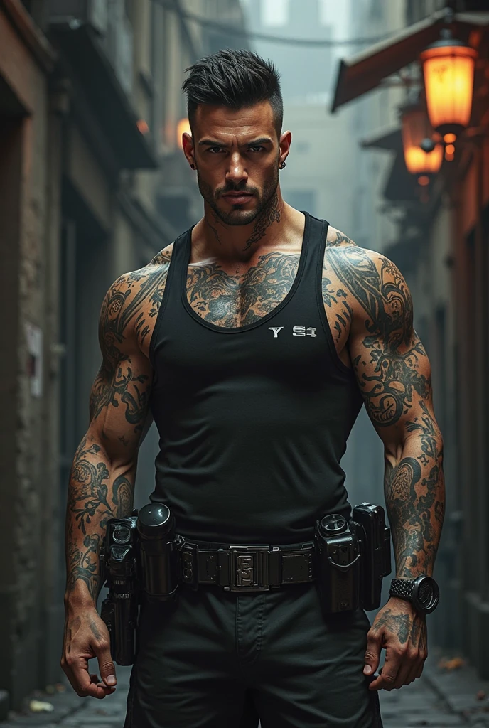 Portrait, photorealistic, best quality, masterpiece, perfect face, perfect eyes, mature muscular hunk, brown undercut hair, tattoos, police uniform, upper body