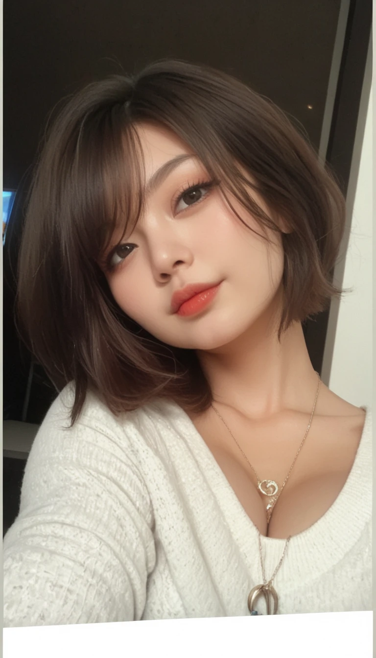 there a woman with a heart shaped speech bubble above her head, with short hair, neat hair with bangs, with short hair with bangs, brown hair and bangs, short brown hair with bangs, amouranth, young beautiful amouranth, small heart - shaped face, brown hair with bangs, better known as amouranth, only a few bangs of hair, smile, cute smile, nerdy smile