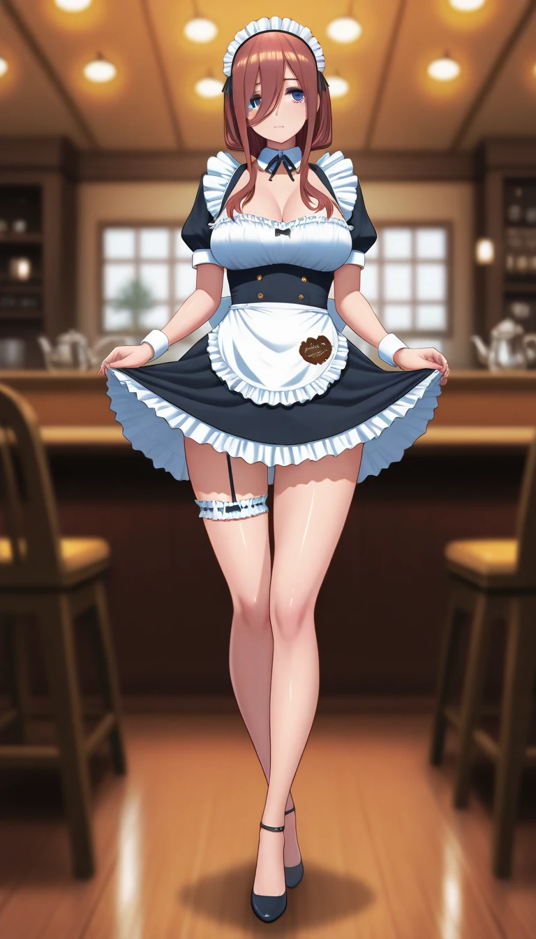 (1) There is one woman with beautiful legs, She lifts up her skirt to show her beautiful bare legs and panties, 
(2) she is standing, I would like you to draw a picture of the whole body with legs visible.., 
(3) woman wears white sleeveless knit、 She is wearing a box pleated miniskirt、 I&#39;m wearing Western movie shoes, 
(4) The visible pants are pink and have flashy patterns.., 
(5) woman has short brown hair, shining eyes, A provocative grin,
(6) The place is a cafe restaurant.., 
(7) highest quality, High resolution, realistic pictures, realistic skin,