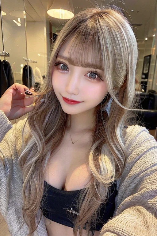 nsfw, cleavage、High resolution、blondeヘア、girl、Light Hair Color、sexy、blonde、Thin legs、Beautiful eyelashes、High resolution、Zoom out、20-year-old、 Wide viewing angles、Highest quality、Very detailed、Finer details、High resolution、8k wallpaper、Beautiful eyes in every detail、Natural lip color、Off-the-shoulder sweater、leather skirt、mini skirt、thigh-high boots、Long Hair、wave hair、Shopping Centre、Apparel Shop、Cute Face、belt、Small face、whole body、looking at the camera