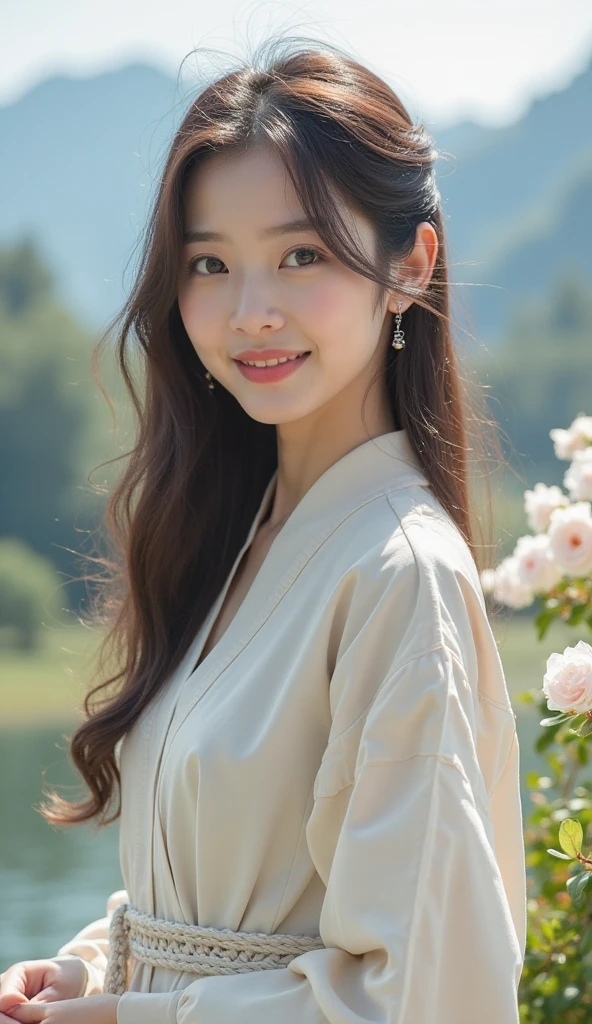 8k, masterpiece, RAW photo, best quality, photorealistic, extremely detailed CG unity 8k wallpaper, Depth of field, Cinematic Light, Lens Flare, Ray tracing, (extremely beautiful face, beautiful lips, beautiful eyes), intricate detail face, ((ultra detailed skin)) 1girl, in the dark, deep shadow, pretty girl, (very slim slender fit-muscled body:1.3), ((looking at viewer)), (big smile:1.3), clear eyes, front shot, (pale skin), (big eyes), face forward, (upper body shot), (brown hairs), (looking at viewer:1.3), very slim, small breasts, wear random color sabai, (jewelry:1.2), in wonderful garden, sunray, sun raise, sun light,