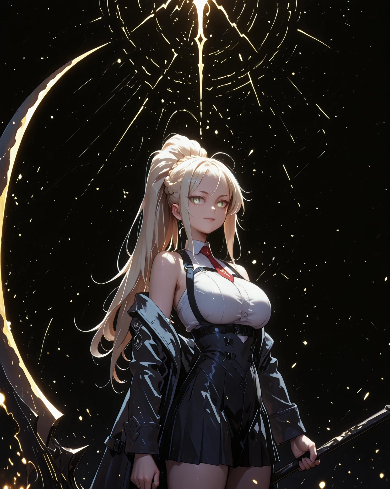 A young female character, black background, with the same height and body type as Mash from Fate Grand Order. She has long blonde hair tied in a ponytail, like Artoria Pendragon Ruler from Fate Grand Order, and the same facial features as Artoria Pendragon Ruler from Fate Grand Order: green eyes, but with a provocative and confident smile. She wears a black military uniform with a black skirt. This uniform is very detailed, with gold medals and symbols, and a red tie. Her pose is bold and confrontational, looking directly at the viewer with her head slightly tilted, shoulders back, and an expression full of confidence. The overall style should be detailed and colorful, matching the rendering quality, but with a cyberpunk touch and a younger feminine appearance. The character is holding a gigantic black scythe, whose blade is disproportionately large — much larger than the character's total height. She wears a black military coat, very detailed, full of medals, the coat is falling over her arms, leaving her shoulders exposed. The character has large breasts and butt, giant predominantly black scythe "huge black scythe" (huge black scythe), in a fighting stance as if attacking an enemy. The character must be facing the viewer (screen), the character is standing, in attack stance, the character is standing, in attack stance, attack stance as if attacking the enemy with the giant black scythe, black background, huge black scythe, huge black scythe.