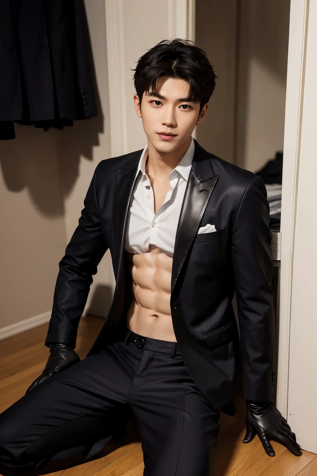 man, tall and fit, as mafia boss, with a glass of whiskey in one hand, in completely black suit, with short black hair, while sexy modeling, in different positions.