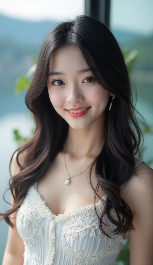 masterpiece, best quality, Surreal, Ultra Detailed, 8k resolution, RAW photos, Clear focus, (A girl in the forest), pretty girl, (Casual Hairstyle, plum bossom:1.2), (Shift Dress:1.1), Ultra-thin face, Delicate eyes, Double eyelids,Smile,32 inches in the chest,(a charming smile:1), (sexy pose),Wear high-end brand travel shoes:Perfect body,Long hair, Smile的面孔, Medium breasts, Hair is a bit messy,direct sun light, high resolution, Reality