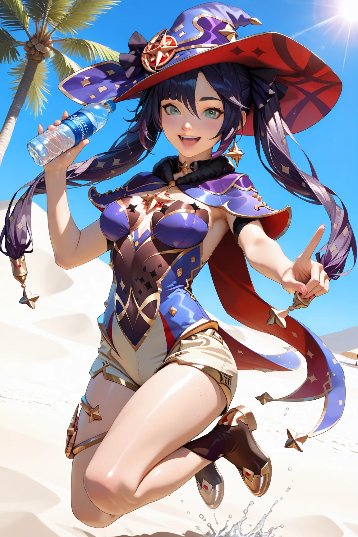  Mona Megistus (Genshin Impact), a super-deformed anime-style girl with long violet twin braids and sparkling blue-green eyes, jumping with joy in front of the Great Pyramid of Giza. She wears a desert explorer outfit: light safari shirt tied at the waist, khaki shorts, comfortable desert boots, and a wide-brim explorer hat with a star brooch. She's holding a water bottle in one hand and making a peace sign with the other, smiling brightly. The background features real Egyptian pyramids, golden desert sands, palm trees, and a clear blue sky. (masterpiece, best quality, ultra-detailed, 8k, energetic pose, joyful expression, realistic Egyptian background, cinematic sunlight, magical travel vibes)
