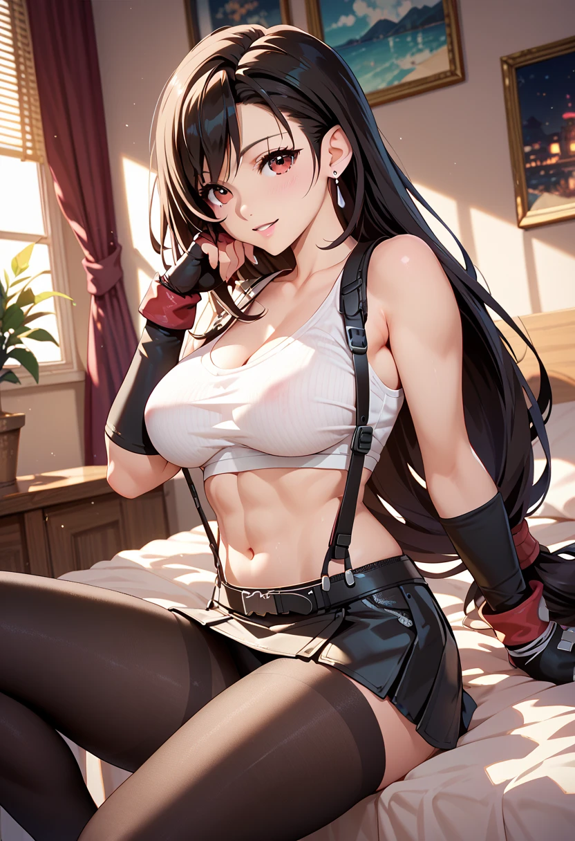 (masterpiece: 1.3), (Maximum resolution: 1.2), (Ultra HD TV: 1.2), Cinematic Light, 8k resolution, Detailed facial features , (Sharp focus: 1.2), (Focus on the face:1.2),Perfect Style, Beautiful Face, Acura, Anatomically correct, Two Arms、Tifa Lockhart, Highly detailed face and skin texture, Delicate and beautiful eyes, Glitter Eyeliner: 1 Natural Cheeks, Glowing Skin, Fair skin: 1.2, (Glossy Lips: 1.4),、 (Embarrassed look: 1.2),Highly detailed face and skin texture, The hair is very detailed.、Natural Cheeks, , Glossy Lips: 1.4,Perfect Style、Delicate depiction of hair、The whole body gets wet、Wet underwear、Cleavage、Soft Breasts、(Sperm in breasts:1.4)(Sperm on thighs:1.4)、 blush、Glaring expression、A humiliating look、Anxious expression、A look of humiliation、Embarrassed look、anger、sorrow、tears、Open your knees、Spread your legs、White bra、Sparkly little earrings and necklace、Disheveled clothes、White panties、sweating、Black Stockings、 (1 girl), Red eyes, Black Hair, Long Hair, Professional Lighting, (Glowing Skin: 1.2), Shiny big, ((Highest quality)), Sharp focus: 1.2, Highly detailed face and skin texture, Detailed eyes, Perfect Face, Perfect body, Blur Art, CG, Big Background , in front (28 years old, 成熟したクールでBeautiful Face), wear (Black skirt with suspenders), black elbow gloves, White tight shirt, thigh, White tank top),On the bed、(On my back, ベッドにLying down, ベッドにLying downいる, Lying down, White sheets:1.5)、Tentacles and slime、Covered in mucus、Immediately after being creampied、self pleasure、