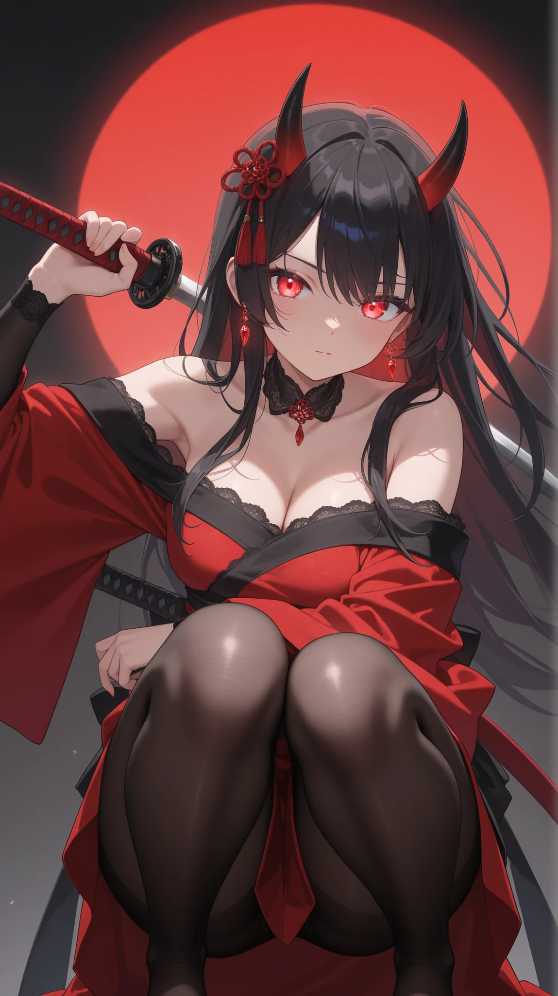 1 girl, black hair, Twin tail in her hair, crimson hair color, white skin color, medium body type, medium breasts, short battle dress, black dress color with silver details, armor pieces on arms and in the legs. weapon: black spear