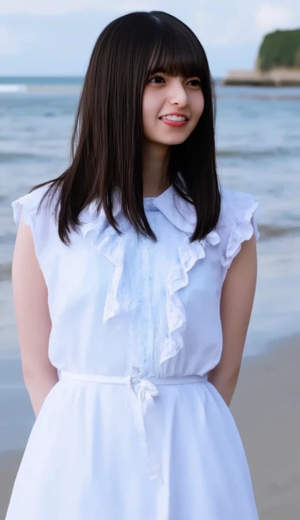 Highest quality, Realistic, Perfect Human ???????, Very detailed, Very delicate and beautiful, RAW Photos, Beach, Professional Lighting, Illumination, Depth of written boundary, Single focus, whole body, Skinny Japanese woman, 30-year-old woman, Brown Hair, Small Head, Beautiful Eyes, True Face, Realistic skin, Detailed eyes, (Fashionable hairstyles: 1.3), Sexy pose, Absurd, Unbelievably ridiculous resolution, very nice, blouse