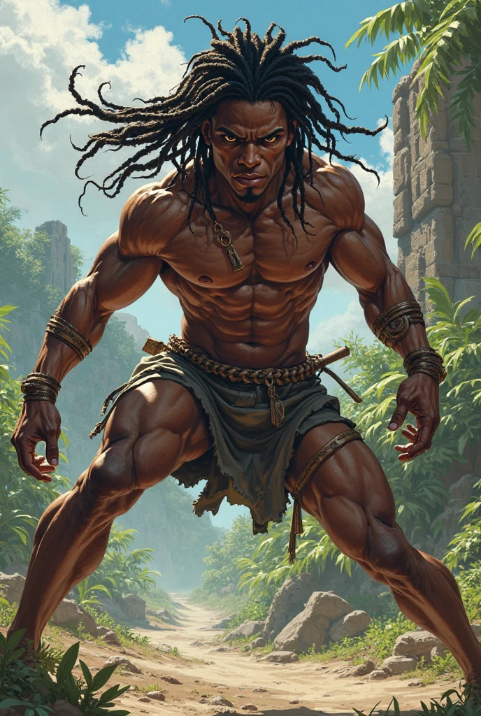 African warrior man muscular, sitting on his throne in a jungle next to a black panther, fire blazing on a huge torch in the background, with iridescent light, highly detailed images, vibrant beautiful colours, photorealistic image, 8k, ultra HD, unreal engine rendered, cinematic lighting, artgerm style,