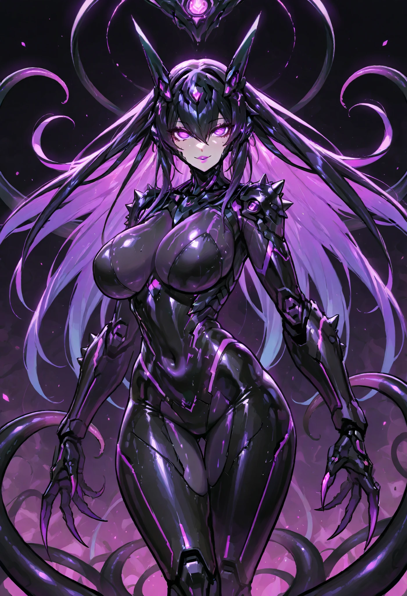 Kaijin Girl. Mechanical head. Metallic skin. Pink lips. Mechanical eyes. Wide eyes. Glowing purple eyes. Glossy. Black body. Purple lines all over the body. Sharp claws. Pert breasts. Slender waist. Thighs. Black tentacles. Spiky. Studs. Biological luminescence.