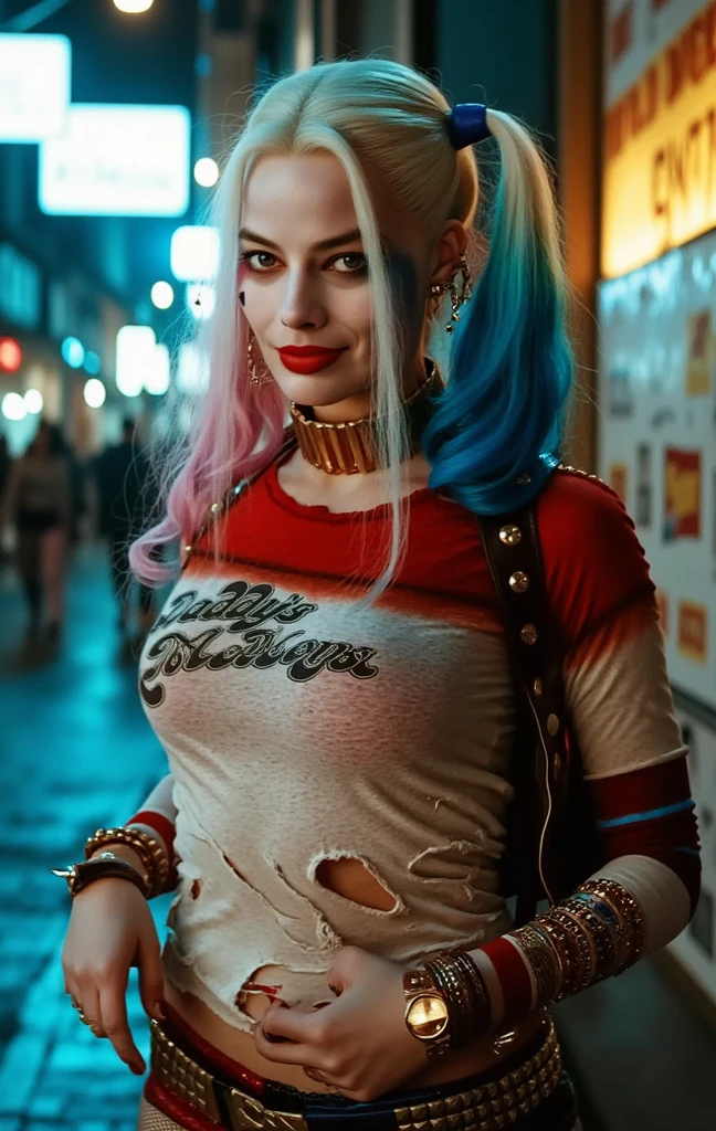 Create a highly detailed and realistic image of Harley Quinn as portrayed by Margot Robbie in "Suicide Squad." She should look beautiful and charismatic, with her signature blonde hair dyed with pink and blue tips. She is wearing a white transparent t-shirt through which her breasts are subtly visible, featuring the text "hahaha" printed on it. The setting is a post-apocalyptic world infested with zombies. The scene should depict a city in ruins, with many spent ammunition cartridges scattered across the streets, indicating recent and intense battles. The atmosphere should be dark, gritty, and tense, with an overall feeling of danger and chaos.