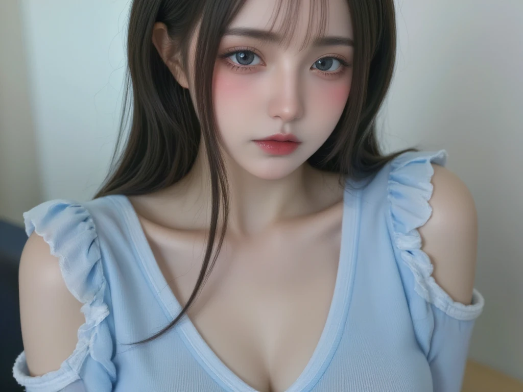(masterpiece, the best_quality, Super detailed, 8k, ultra high definition, flawless:1.latin blue hair, blue hair,catwoman,, cat ears, glowing pink eyes, Shy, Compliant, Blushed, Wet oily skin, on the bed, big deal胸, heart tattoo above, , big deal腿粗, Beautiful hip curve, 巨big deal, only, tight skin, scantily clad, lace, collar, facing the audience, Windows, bedroom, midnight, Sexy,,japanese goddess, Cardigan shirt, korean girl, 美丽的asian girl, V-shaped bust clothes, low cut,巨big deal,Expose the upper half of the chest,not compact,下垂的big deal胸,Gorgeous Chinese model, Beautiful young Korean woman, Japanese model, thick lips,duck mouth,asian girl, Beautiful young Korean woman, wearing shirt, beautiful korean woman, 坐on the bed, Looking to the future,巨big deal,big deal,up,portrait photo,super closeup,face camera,Take photos carefully