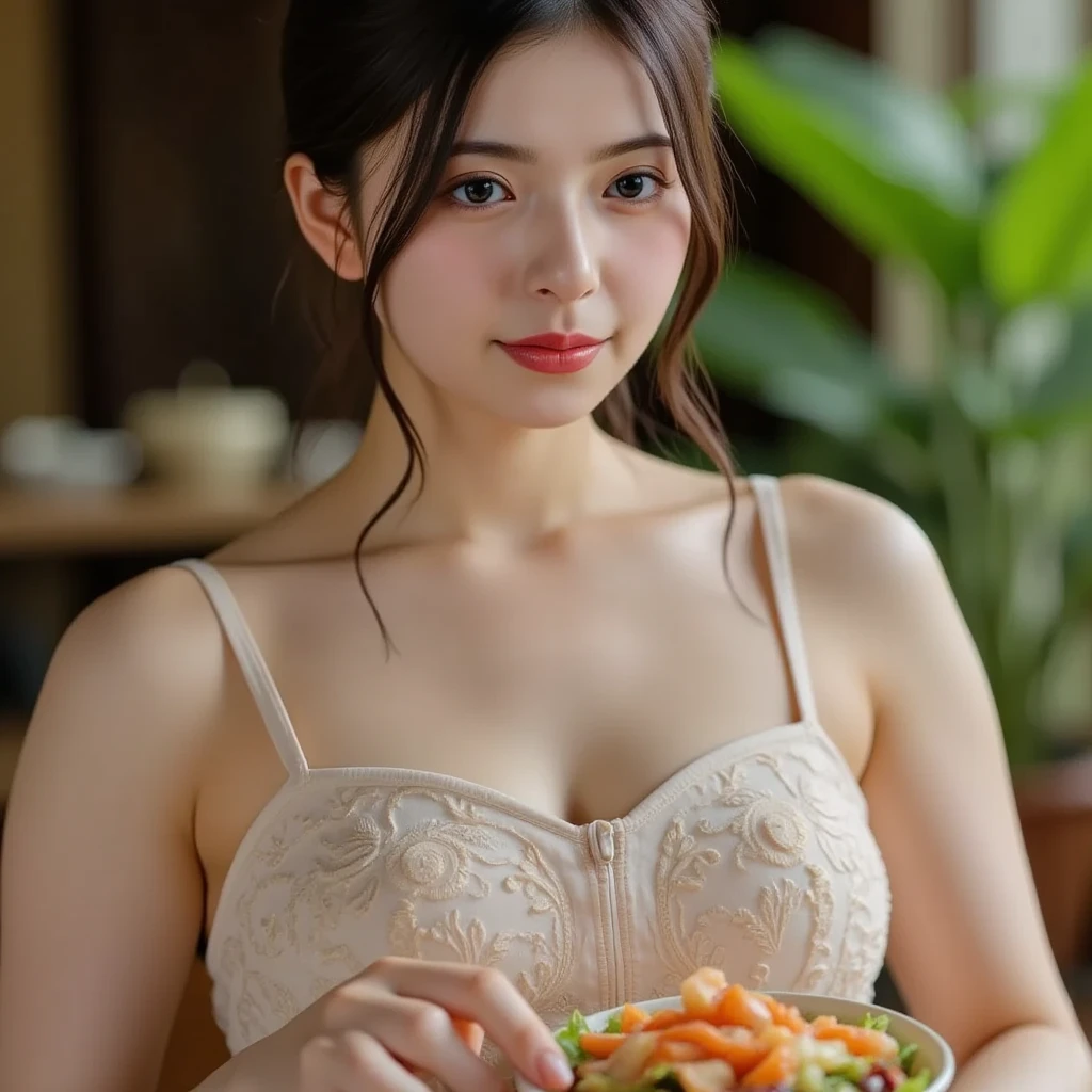 (One woman), Great face and eyes, blue eyes, Captivating smile, (Stunningly beautiful woman), (Highest quality:1.4), (Very detailedな), (Very detailed CG 統合 8k 壁紙), Very detailed, High-quality RAW color photos, Professional photography, Written boundary depth, 、((cut vegetables with a knife:1.5))、Big Breasts、Long wavy brown hair、(((Japanese:1.5)))