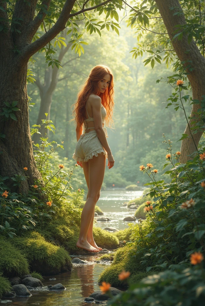 Feminine wolf, Red hair, white fur, Eyes red, NUDE, beautiful, on a lake, forest in the background, realisitic, with their feet facing the photo