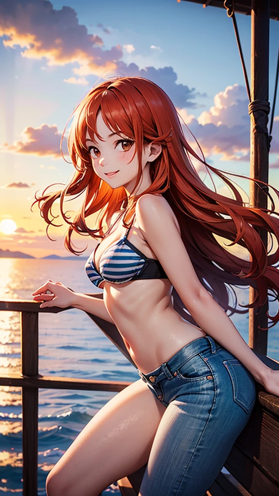 Beautiful young woman, with a radiant smile and gleaming eyes, long, wavy orange hair tied back with a hairband, wearing a red bikini top with white straps and matching bottoms, left hand holding a lottery ticket displaying a large winning amount, right hand held up to cheer with a beer glass filled with golden foam, surrounded by a lively and joyful atmosphere with confetti and balloons flying around, ultra-detailed, highres, 4K, HDR, post-Impressionist, oil painting style, soft lighting, warm tones.
