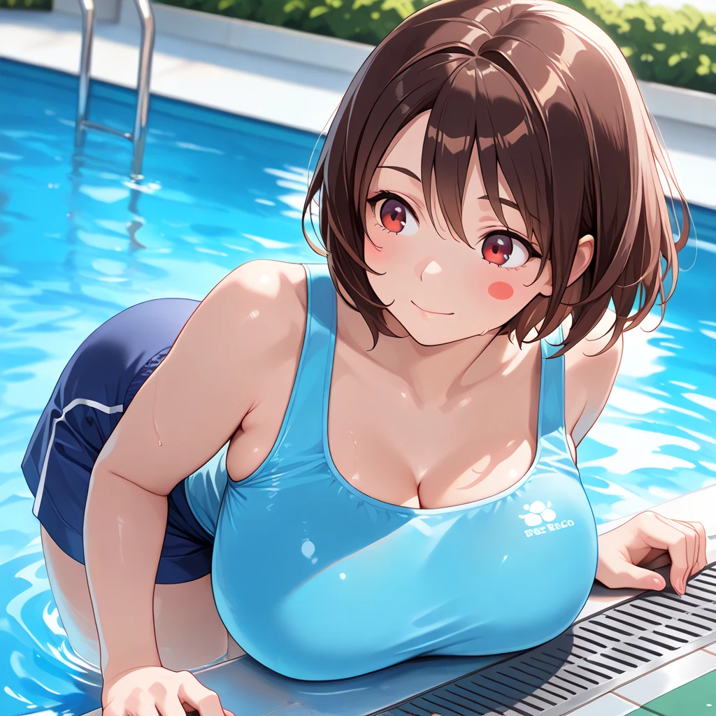 Pretty young girl, brown hair,beautiful long low ponytail hairstyle, (tight grey skirt and tight white bikini , short sleeve,,(slouch),(beautiful smile),(wide muscles),((sexy voluptuous body),(standing at poolside),(sexy body flexes),(sexy curve wide hips flexes)