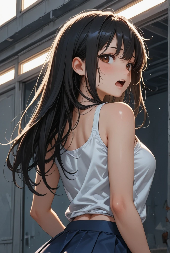 ((masterpiece,Highest quality:1.3,best quality illustration)),realistic,cowboy shot,solo,1woman,(18 year old beauty),black hair,long hair,bangs,black eyes,gorgeous big eyes,((very small head:1.3)),shy,tongue,((very long body:1.2,skinny)),medium breasts,(Punk Fashion,Black leather camisole、Black leather tight mini skirt、black_thighhighs),sweat,gleaming skin,toned body,slender body,orgasm,motion line,kneeling,World of Blade Runner、nsfw