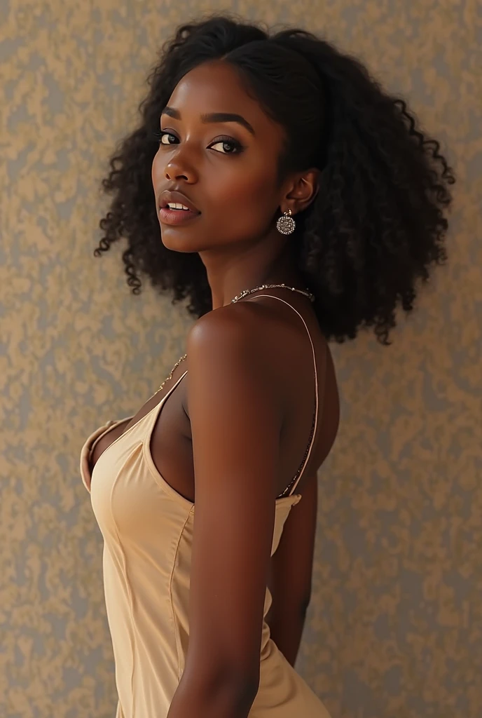 Araffe woman with curly hair standing on a grassy area, Menina africana de pele clara, com pele parda, pele escura, mulher jovem negra, de pele escura, Emmanuel Nathalie, pose lateral, pardo, pele castanho-clara, beautiful city black woman only, jovem mulher negra, linda senhora, Ela tem pele marrom oliva, beleza de cair o queixo