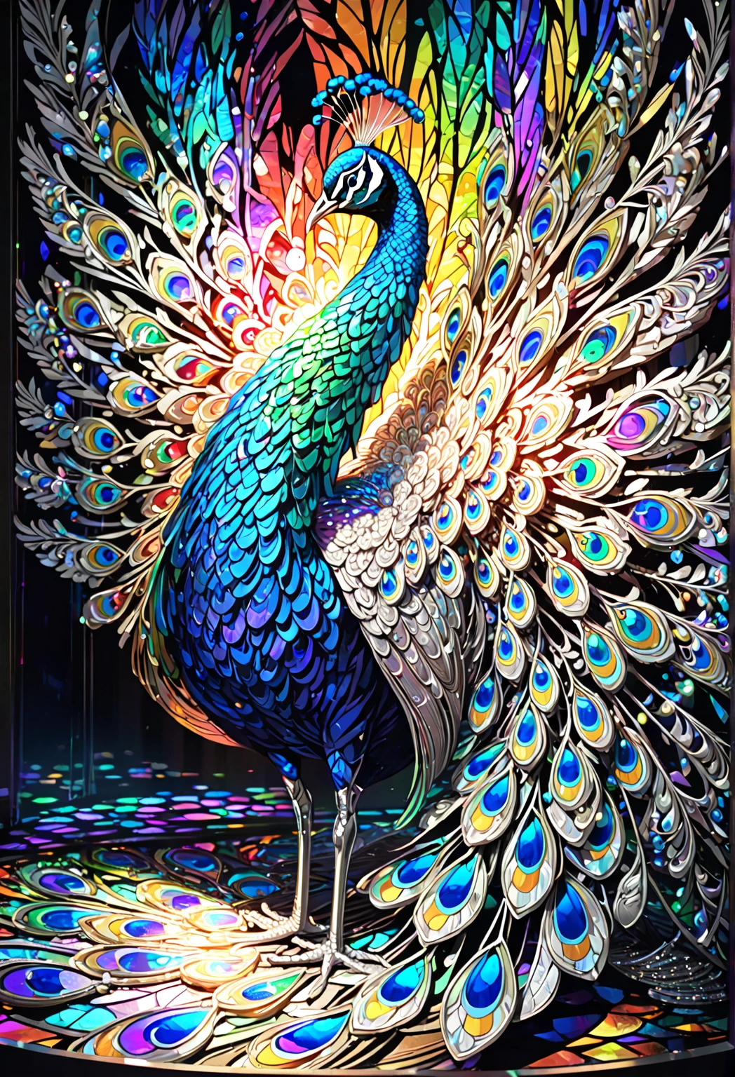 Stained Glass Peacock, Pearl Artwork Carved from Platinum Crystal, (Super Detailed, absolute resolution, Highest Quality:1.3), 2.5d, Subtle and dynamic effects, Rainbow lighting effect, Artistic Photography, Super Real,god々Shines brightly,Vibrant colors