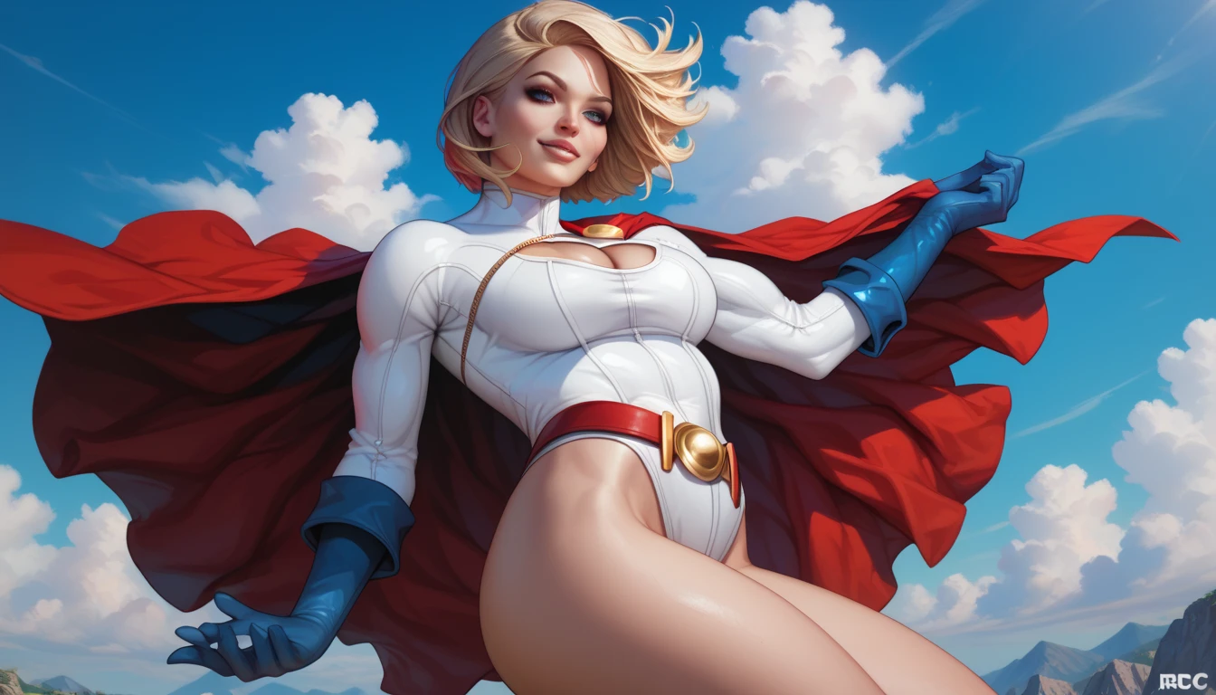 The character Power Girl, perfect and traditional costume, White costume shirt, bright blue yes, red cape, blond hair, smooth curves, extremely beautiful e realistic anatomy, beautiful smile, hyperrealistic anatomy