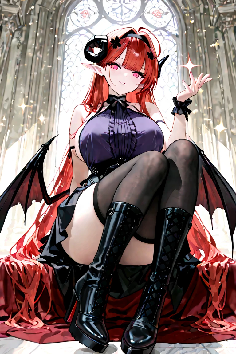 score_9, score_8_up, score_7_up, score_6_up, rating_X, 1girl,(hinsd, ahoge, hair between eyes, absurdly long hair, pointy ears, mole under eye, demon horns, demon tail, low wings, hairband, o-ring, center cross lace, sideboob, black elbow gloves, frilled leotard, brooch, bodystocking, clothing cutout, underboob cutout, covered navel, thighhighs, miniskirt, thigh strap, armored boots, high heels), thick lips, shiny lips, mature female, sexy, milf, large breasts, exposed nipples, nsfw, from behind, huge bare ass, exposed anus, spread pussy, ahegao, cum