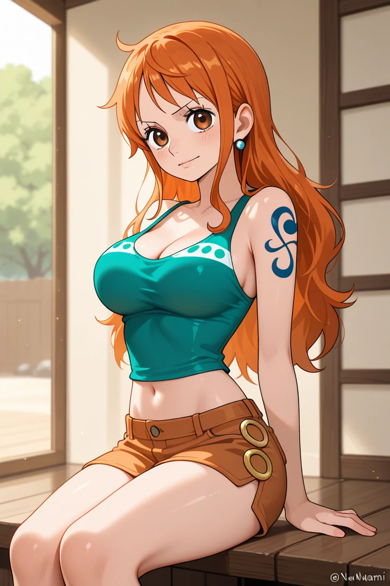 (((masterpiece+best quality+high resolution+ultra-detailed))), 1girl with clima-tact, Nami, long silky orange hair, high nose, sharp eyes, noble and inviolable temperament, (([female]: 1.2 + [beauty]: 1.2 + orange long hair: 1.2)), pirate ship background, blue sky, clouds, log pose, gold bracelets, revealing green and white bikini halter top, tight low-rider jeans, shoulder tattoo, bright eyes, dynamic angle and posture., sitting on box, spread legs, smile