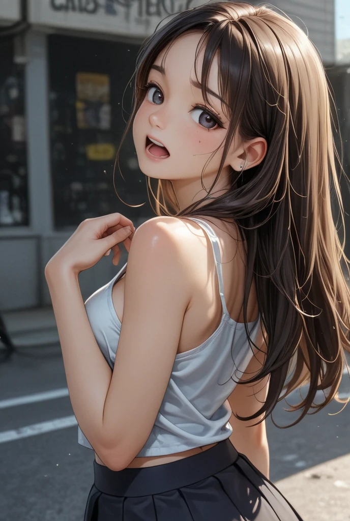 girl,expressionless,{(brown hair:1.2),(medium hair:1.5),(straight hair:1.5),(hair between eyes:1.5)},(big breasts:1.2),(slender:1.2),{white tank top,black gym shorts},(fine eyes and skin:1.5),(detailed facial features:1.5) ,(perfect style),(beautiful face),from side,cowboy shot,(brown eyes:1.2)