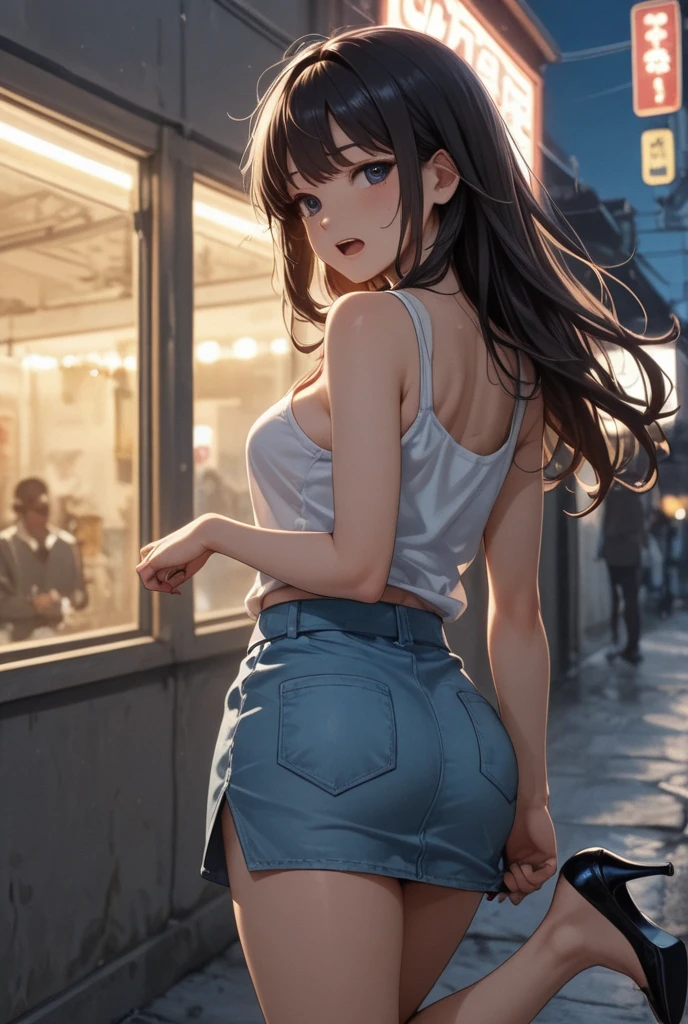 ((Extreme exposure))(High-definition image quality)極Realistic skin texture、High definition face(brown、Very long straight hair、Hair behind the ear、Beautiful moist brown hair、Smooth Hair)((Bright smile、Embarrassed expression))、Gaze(sexyな25歳の女の子、Idol Makeup、Eyeliner)(Fair skin)(Sparkling eyes)Smooth Skin、Realistic skin texture ((Oversized Tank Top、Short length、Cleavage、Super big boobs)) ((Ultra short denim shorts、damage、Super tight、small、Ultra low rise))))A well-proportioned and perfect body、Beautiful armpits、On the position of the chest、Round big breasts、Beautiful valley、Ultra-thin waist、Waistline、Long legs、Glitter High Heels((((Shopping Centre、Take the escalator、Backwards))))(((((sexy、Medium full shot from below and behind))))))View angle from below