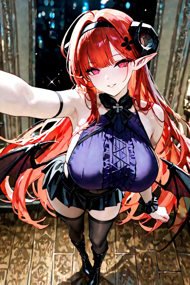 ((Top image quality、8k、masterpiece:1.3))、full bodyesbian、Focus sharpness:1.2、Beauty with outstanding style:1.4、Slender abs:1.2、((Brown hair、huge tit:1.2))、Highly detailed facial and skin texture、A detailed eye、二重まぶた、、sexy、Show armpits、Highly detailed facial and skin texture、A detailed eye、二重まぶた、(((Hanging eyes)))、((red eyes))、demonic horns、tusk、(demonic wings)、A dark-haired、Semi-long、((heavy wind))、((Unkempt hair))、(Red hair ornament)、((Troubled face))、(((Shy face)))、((shame))、((from below looking up))((((fullnude))))、(((topless)))、((((teats))))、((((The areol))))、((deep in the night))、moonlights、((crescent))、((Red Moon))、(((shadowy)))、(((鎖骨)))、kawaii、Abandoned castle、Ruins、(((pubick hair)))
