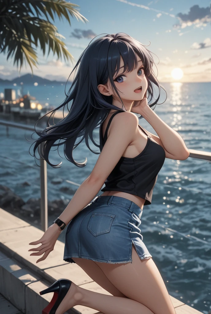 14_year_old_girl, tank_top, jean_shorts_with_black_tights, very_long_hair, wavy_hair,red eyes,fit clothes, spread leg,wet,