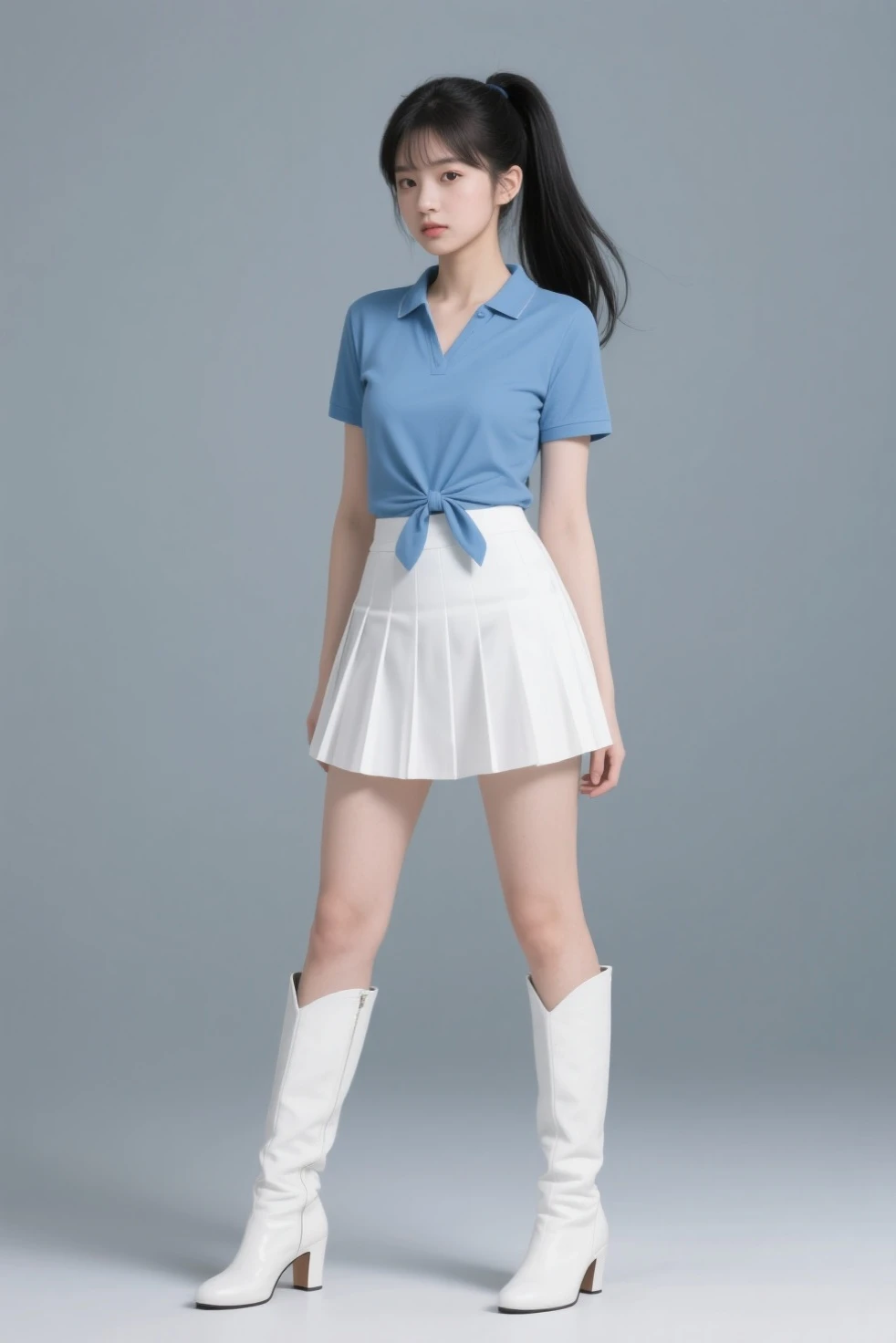 (tmasterpiece:1.4),(best qualtiy:1.4),Plain white background front,Extremely delicate and beautiful eyes and face,1girll,brunette color hair,Look to the audience,独奏,White sneakers,red color eyes,long whitr hair,Shenzhen school uniform,White and blue pleated skirt,bluntbangs