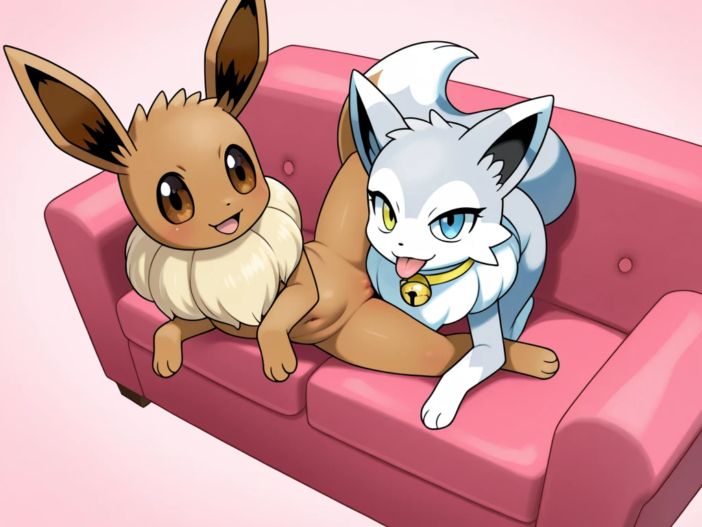 Two Eevee's sitting on a couch and licking each others paws, (foot worship:1.2), 2 characters, two eevees, (duo:1.2), anthros, pawpads, anthro paws, 4 toes, paw licking, tongue