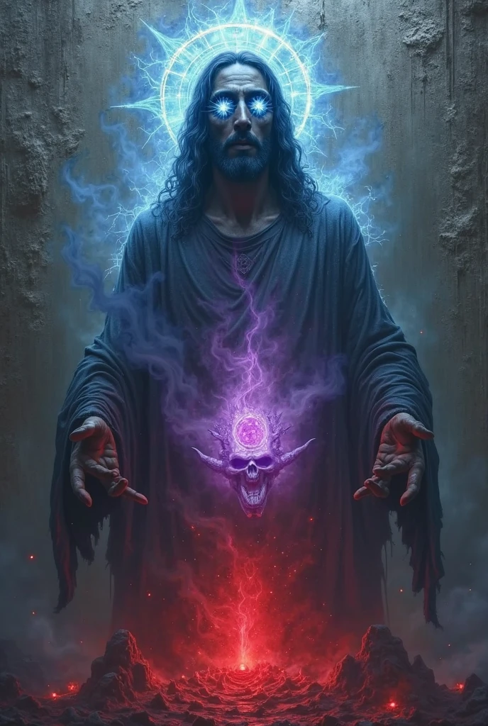 jesus in black ritual clothing, energy field around the shiny silver body, violet body aura, red and silver blue chest aura, fiery aspect in the eyes, darkness background, Morning Star