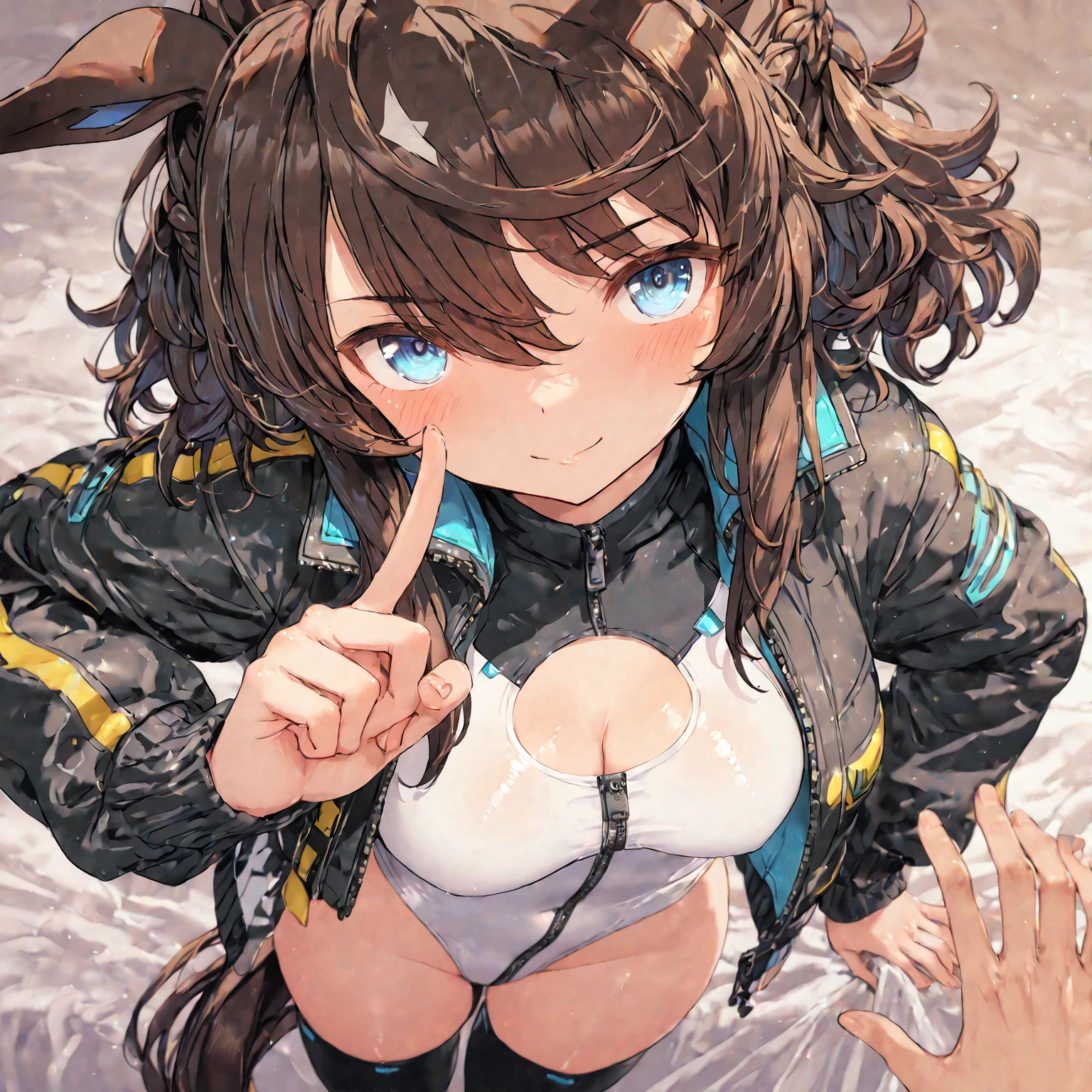 (Masterpiece, Best Quality:1.3), 1Girl, :<, Small breasts, (covered , Nipple erection:0.8), indoor, (Sandy Brown Colored Hair, Long hair:1.32), Black eyes, sound, fang, random clothes, Dynamic Angle, Dynamic Pose, molester, metamorphosis