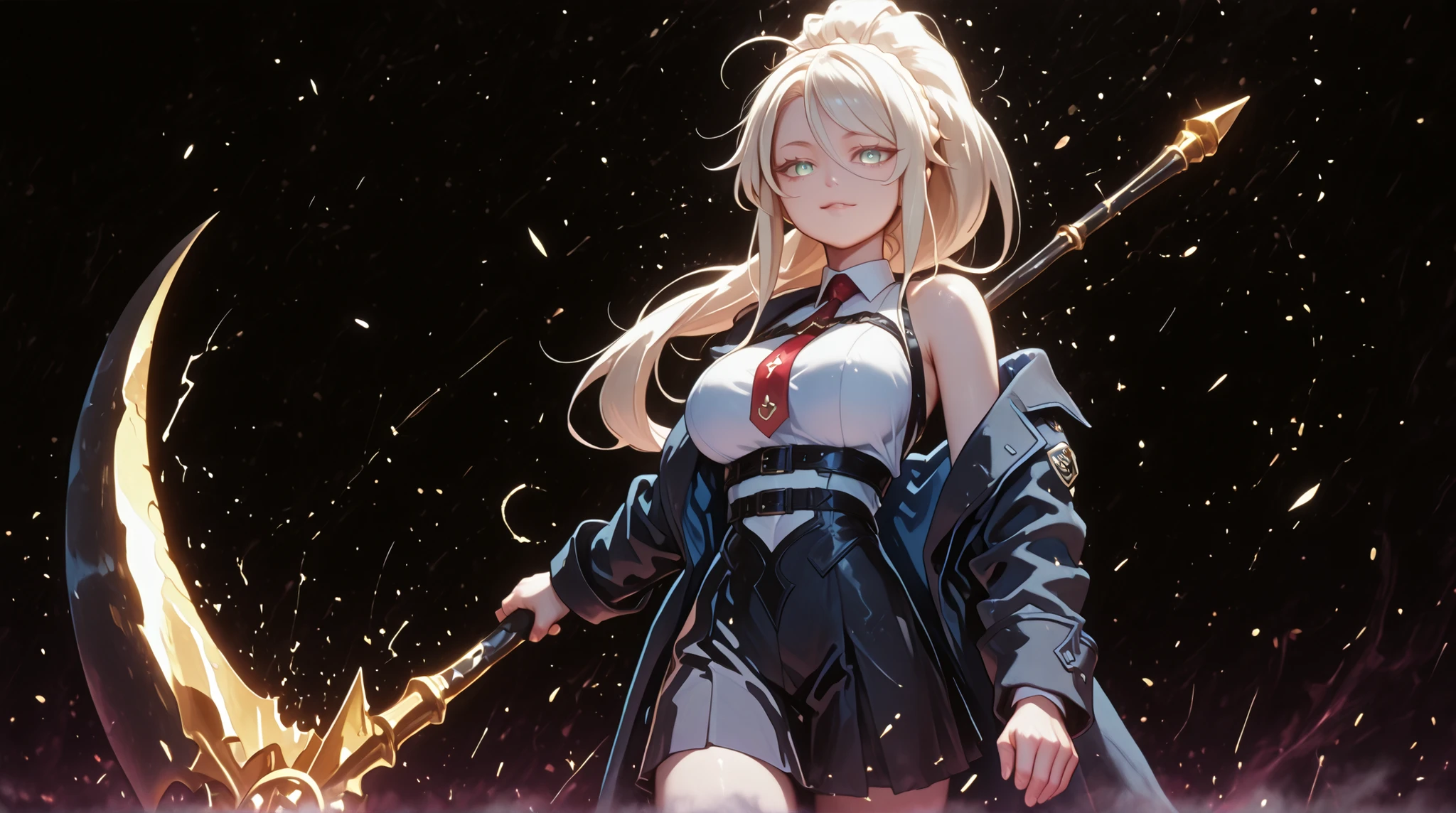 A young female character , fundo preto, com a mesma altura e tipo de corpo de Mash from Fate Grand Order. She is wearing a white dress and a white dress, like Artoria Pendragon Ruler from Fate Grand Order, and the same face appears as Artoria Pendragon Ruler from Fate Grand Order: olhos verdes, but with a provocative and confident smile. She wears a black military uniform with a black skirt. This uniform is very detailed, with gold medals and symbols, and a red tie . His pose is bold and conflicted, looking directly at the viewer with a slightly tilted head, Shoulders back, and an expression full of confidence. The overall style must be detailed and colorful, matching the rendering quality, , but with a cyberpunk touch and a younger feminine appearance. The character is holding a gigantic black sickle, , whose blade is disproportionately large — much larger than the character's total height. she wears a black military coat, muito detalhado, cheia de medalhas, the coat is falling on her arms, leaving the shoulders exposed. the character has big breasts and butt, predominantly black giant sickle "Foice negra enorme" (Foice negra enorme), in a combat position as if attacking an enemy. The character must face the spectator (tela), the character is standing, in a destructive attack posture, the character is standing, in a destructive attack posture, attack position as if attacking the enemy with the giant black sickle, fundo preto, Foice negra enorme, Foice negra enorme.