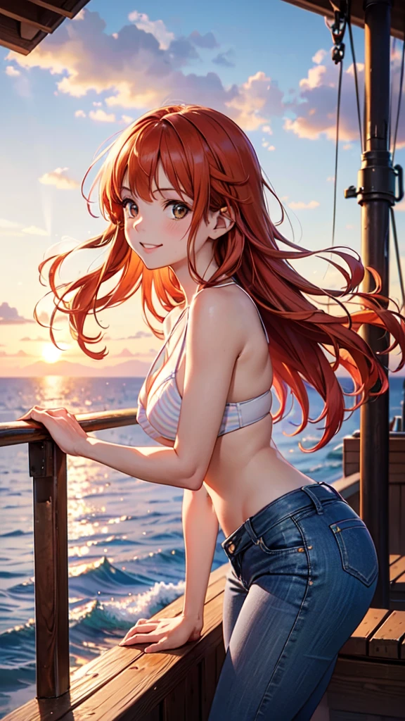 red hair, straight hair, wet hair, jewelry, eye reflection, star-shaped pupils, (perfect aqua blue eyes), one eye closed, evil smile, smug, tsundere, red lips, cheek-to-cheek, cinematic lighting, chromatic aberration, god rays, ray tracing, motion blur, drop shadow, angle from behind, Eye-Level Shot, UHD, masterpiece, high details, high quality, best quality, highres, 16k, ((perfectly curvacious ass)), (detailed pupils), ((thick perfect thighs)), beautifully detailed pupils, (((casual clothing))), denim jeans, calm sunny neighbourhood, daytime ((firey detailed eyes)), beautiful dark pupils