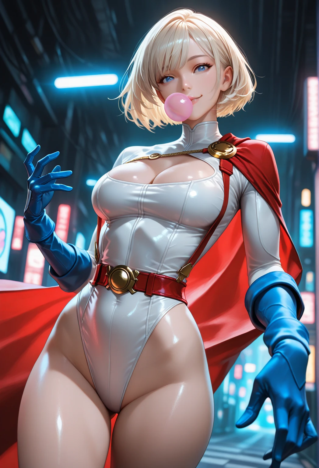 (1girl, powergirl), (extremely detailed CG unit 8k wallpaper),(master part), (best quality), (ultra detail), (best illustration),(lora:80'sFusion:0.6), cowboy shot, (Sharp eyeliner, ombre, detailed eyes:1), midnight, neon light city background, ,break , (neon_pop art style), solo, boob window, white bodysuit, blue eyes, blonde hair, short hair, belt, cape, blue gloves,