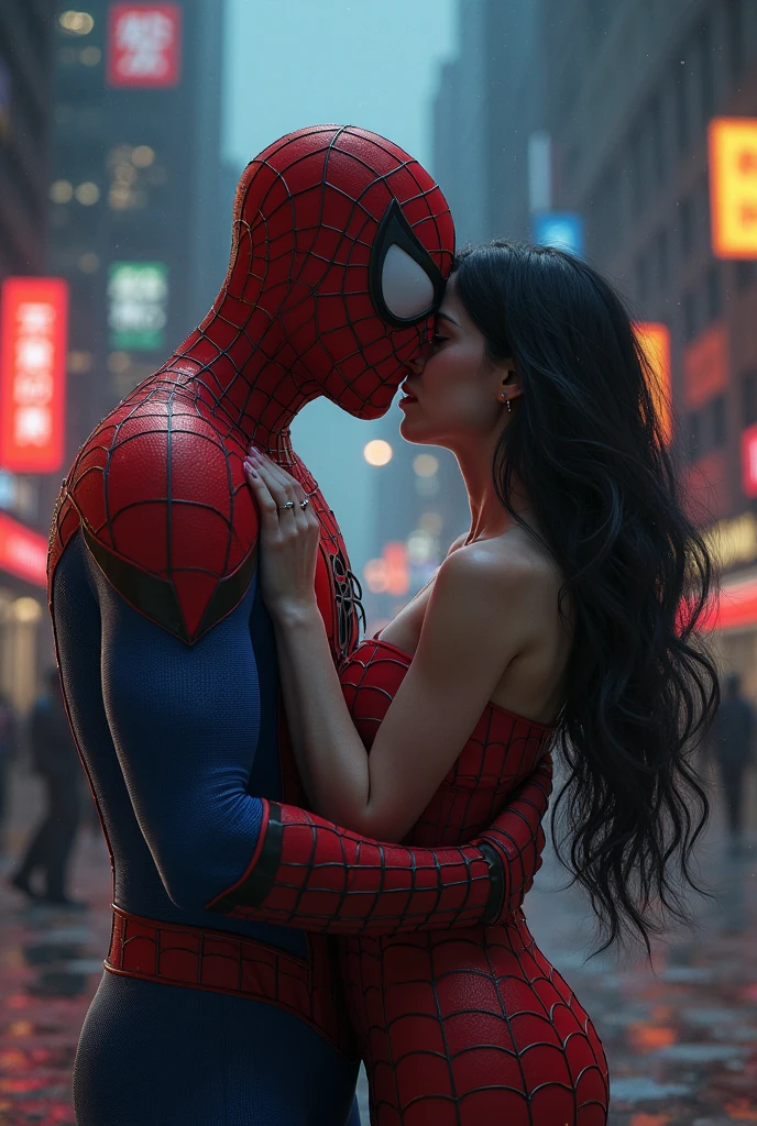 (upper body shot ) of two lovers walking arm in arm, detailed face, spider with a blue glossy exoskeleton, small size, segmented legs with sharp claws, sparkling web, glowing eyes, kissing, loving, located in a romantic scene at a beautiful lake during early morning with snowy weather, illuminated by warm glow, creating a loving atmosphere, detailed face, ,Masterpiece,best quality, photo, realistic, very aesthetic