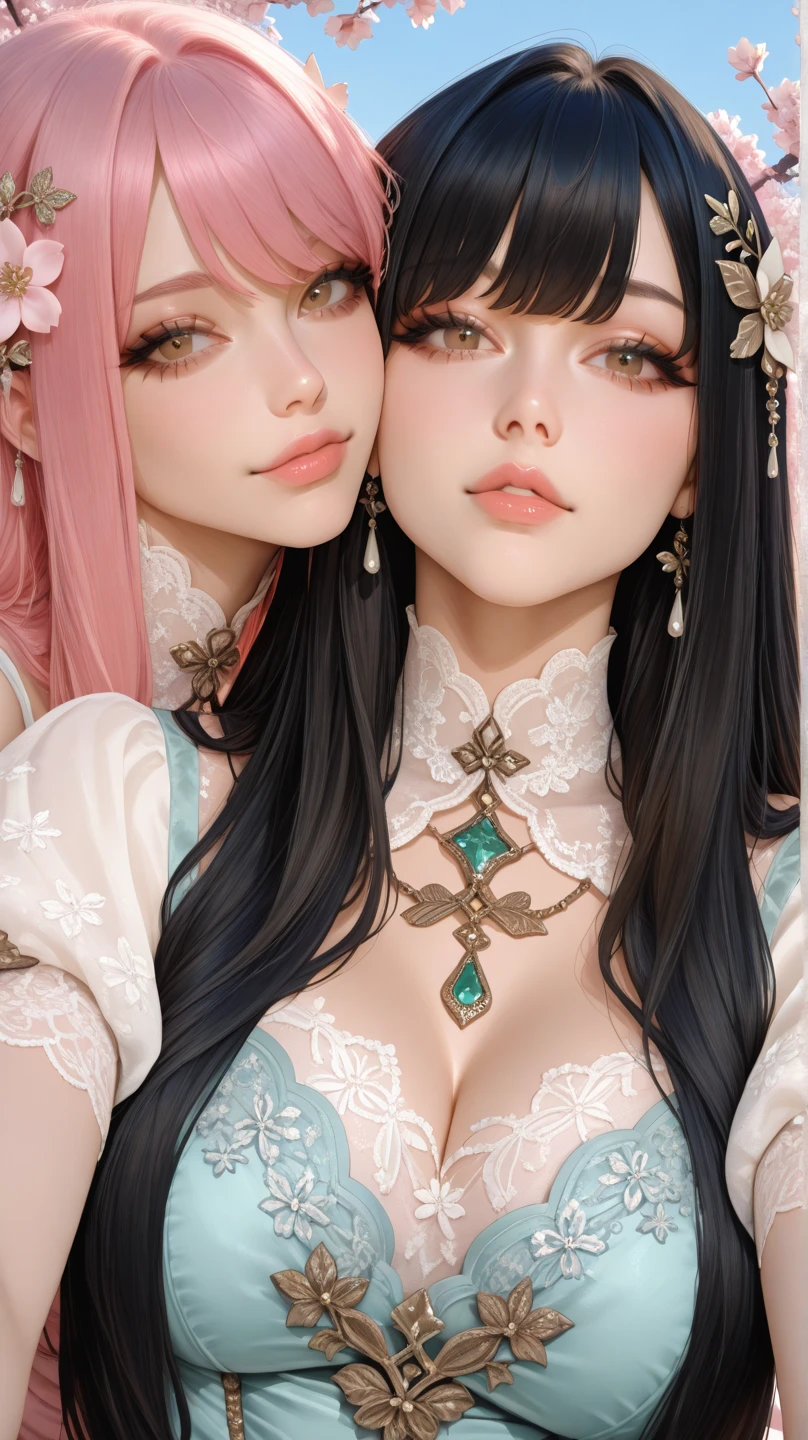 Best quality,Amazing,Masterpiece,Delicate,超高分辨率,Ultra detailed,intricately details,Beautiful detailed,8K resolution,(Extremely detailed Cg Unity 8K wallpaper),Sharp focus,((No text)),breast conscious,Huge bare breasts,Areola Slip,Covered,Bursting breasts,Lively breasts,framed breasts,High transparency and transparency of torn bikini，，Tongue stock,Makeup,Happy,Reflectors,ahegao,Pink eyes,Heart earrings,2girls,Female pervert,view the viewer,hair flower,Long hair,multicolored hair,Shiny hair,Barefoot,Bottomless,Thick thighs,Bare legs,Look at each other from the front、((Feminine kiss))、(((French kiss for women)))、Women hugging each other，As if pushing each other、Staring at each other、Moist eyes、half-open lips、Beautiful、Red blush(0.2)、Functional、seductiv、Trance、instigate、Beauty、bustup、Shunguang、、Shoot diagonally down from the front、precise drawing、Detailed drawing、Precise anatomy、