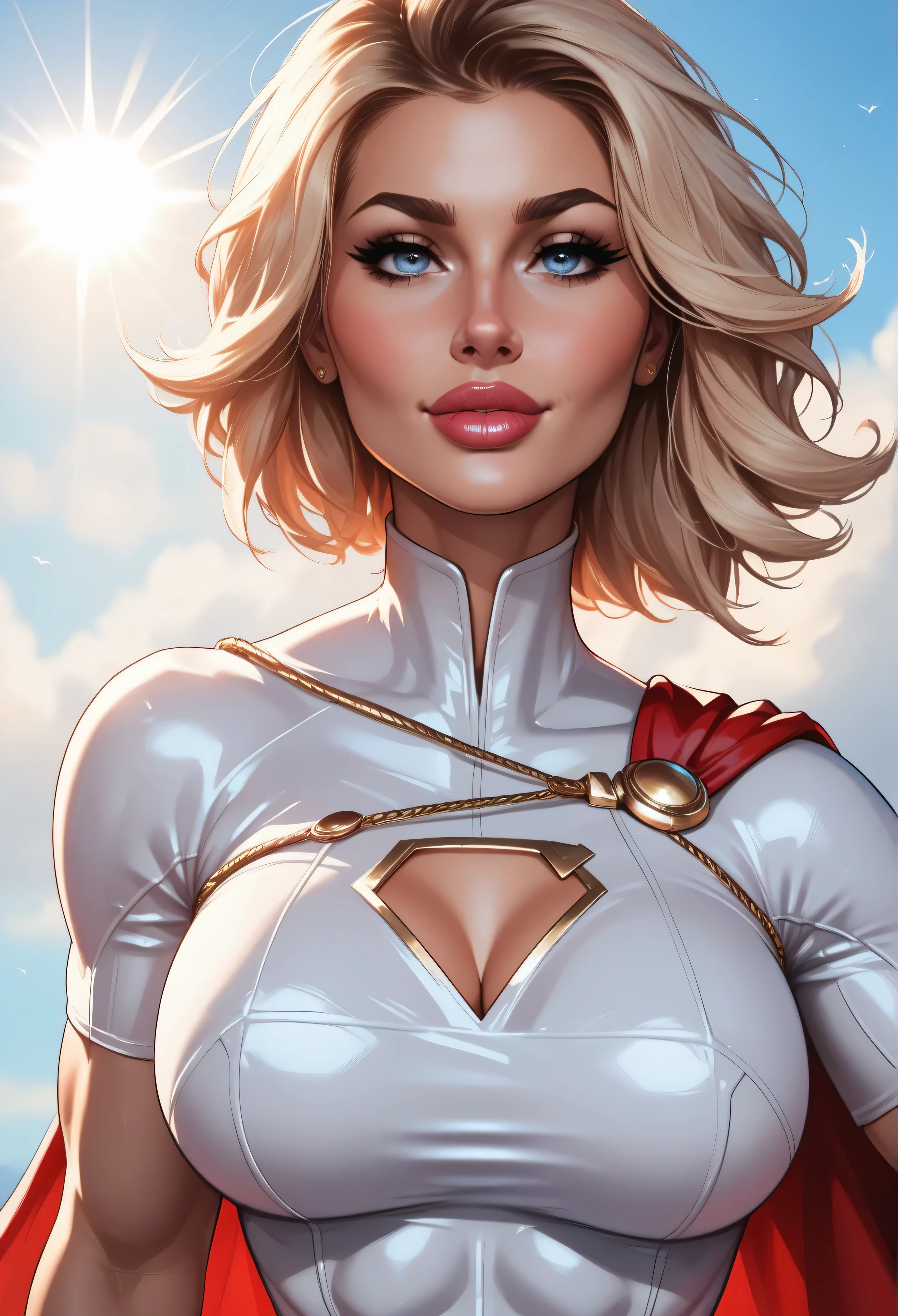 Power Girl from DC comics, blonde hair, bob hairstyle, perfect breasts, ((white slingshot bikini with oval cleavage cut out)), ((blue gloves)), red short cape, toned body, smile, tropical location